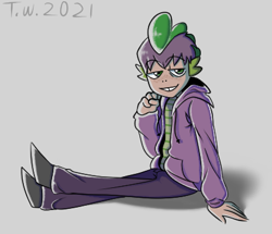 Size: 421x362 | Tagged: safe, artist:beefgummies, spike, human, g4, bangs, clothes, freckles, gray background, hoodie, humanized, jacket, shirt, sideburns, simple background, striped shirt