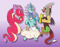 Size: 6900x5400 | Tagged: safe, artist:chub-wub, discord, draconequus, dragon, g4, absurd resolution, cookie, crossover, cup, disney, dragoness, eyes closed, female, food, gradient background, long (wish dragon), male, open mouth, open smile, plate, raya and the last dragon, sisu, smiling, table, tea, teacup, teapot, trio, wish dragon