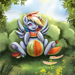 Size: 1500x1500 | Tagged: safe, artist:mdwines, rainbow dash, butterfly, pegasus, pony, g4, cute, dashabetes, eating, fanart, female, filly, filly rainbow dash, food, grass, herbivore, mare, melon, solo, spread wings, summer, underhoof, watermelon, wings, younger