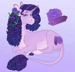 Size: 2820x2700 | Tagged: safe, artist:bluet0ast, oc, pony, unicorn, colored hooves, female, flower, flower in hair, gradient background, high res, horn, leonine tail, lying down, magical lesbian spawn, mare, offspring, parent:rarity, parent:twilight sparkle, parents:rarilight, prone, rose, smiling, unicorn oc