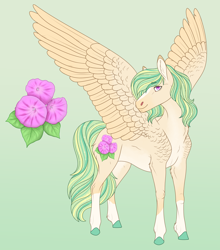 Size: 2640x3000 | Tagged: safe, artist:bluet0ast, oc, oc only, pegasus, pony, colored hooves, gradient background, high res, magical lesbian spawn, male, offspring, parent:fluttershy, parent:princess celestia, pegasus oc, smiling, solo, stallion, wings