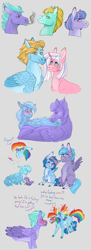 Size: 3544x9715 | Tagged: safe, artist:bluet0ast, clear sky, lightning dust, rainbow dash, updraft, wind rider, wind sprint, oc, oc:cyclone, oc:sleetstorm, pegasus, pony, g4, angry, argument, blushing, colored wings, colt, dialogue, female, filly, floral head wreath, flower, gray background, male, mare, multicolored wings, offspring, parent:rainbow dash, parent:updraft, pregnancy test, rainbow wings, shipping, simple background, straight, wings