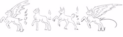 Size: 4086x1231 | Tagged: safe, artist:schokocream, oc, oc only, alicorn, earth pony, pegasus, pony, unicorn, alicorn oc, base used, earth pony oc, horn, lineart, monochrome, pegasus oc, rearing, simple background, unicorn oc, white background, wings