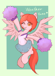 Size: 1863x2578 | Tagged: safe, artist:noupu, oc, oc only, oc:weathervane, pegasus, pony, abstract background, cheerleader, cheerleader outfit, cheerleading, chest fluff, clothes, colored pupils, eye clipping through hair, eyebrows, eyebrows visible through hair, female, full body, heart, leg fluff, looking at you, mare, miniskirt, one eye closed, open mouth, pegasus oc, pom pom, shirt, short sleeves, skirt, smiling, smiling at you, solo, spread wings, wings, wink, winking at you