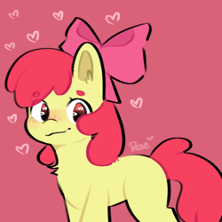 Size: 1000x1000 | Tagged: safe, artist:kokoaapuff, apple bloom, earth pony, pony, g4, adorabloom, blank flank, bow, chest fluff, cute, ear fluff, female, filly, hair bow, heart, heart eyes, looking at you, red background, simple background, solo, wingding eyes