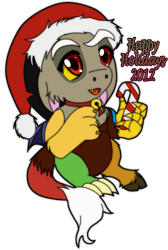 Size: 965x1435 | Tagged: safe, artist:chibi-n92, discord, draconequus, g4, 2012, candy, candy cane, christmas, cute, discute, floppy ears, food, hat, holiday, male, santa hat, simple background, smiling, solo, transparent background, young discord, younger
