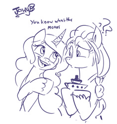 Size: 1189x1260 | Tagged: safe, artist:jowyb, izzy moonbow, sunny starscout, earth pony, pony, unicorn, g5, dialogue, female, implied shipping, lesbian, mare, pun, question mark, ship, ship:moonscout, shipping, sketch, visual pun