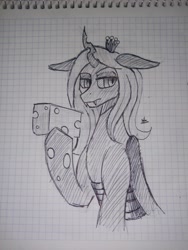 Size: 3072x4096 | Tagged: safe, artist:zachc, queen chrysalis, changeling, changeling queen, g4, cheese, crown, female, food, graph paper, jewelry, pencil drawing, regalia, solo, traditional art