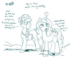 Size: 1581x1260 | Tagged: safe, artist:jowyb, izzy moonbow, sunny starscout, earth pony, pony, unicorn, g5, ball, breaking the fourth wall, duo, female, horn, horn impalement, izzy's tennis ball, mare, misspelling, sketch, tennis ball