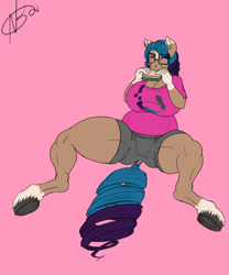 Size: 500x600 | Tagged: safe, artist:hadoukishi, oc, oc only, oc:sandy sketch, earth pony, anthro, unguligrade anthro, big breasts, breasts, clothes, digital art, eyes closed, female, frog (hoof), glasses, lying down, shirt, shorts, simple background, solo, tail, thighs, underhoof