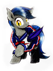 Size: 775x1031 | Tagged: safe, artist:liaaqila, oc, oc only, oc:echo, bat pony, pony, boots, clothes, commission, female, mare, shoes, simple background, skirt, smiling, solo, traditional art