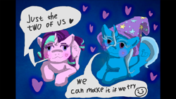 Size: 1920x1080 | Tagged: safe, artist:halfaman, starlight glimmer, trixie, pony, unicorn, g4, bill withers, colored, female, grover washington jr, grover washington jr., hat, heart, just the two of us, lesbian, meme, ponified meme, ship:startrix, shipping, simple background, smiley face, song reference, text, wizard hat