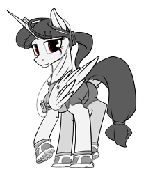 Size: 4200x5000 | Tagged: safe, artist:dacaoo, oc, oc only, oc:praetorian themis, alicorn, pony, alicorn oc, butt, featureless crotch, horn, large wings, partial color, plot, slender, solo, sternocleidomastoid, thin, wings