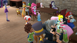 Size: 3840x2160 | Tagged: safe, artist:leansworld, fluttershy, pinkie pie, rarity, sci-twi, twilight sparkle, human, equestria girls, g4, 3d, 4k, a hat in time, alcohol, clothes, couch, crossover, crown, dress, eating, female, food, hat kid, high res, hot dog, jewelry, kanna kamui, luigi, male, mario, meat, miss kobayashi's dragon maid, party, pearl (splatoon 2), pointing, princess daisy, princess peach, puffy sleeves, regalia, ribbon girl, sausage, slinky, source filmmaker, splatoon 2, super mario bros., toad (mario bros), toy story