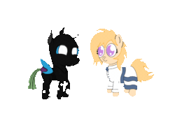 Size: 1000x650 | Tagged: safe, artist:symphonydawn3, artist:theunidentifiedchangeling, oc, oc:[unidentified], oc:jackie spectre, changeling, earth pony, pony, animated, closed mouth, clothes, collaboration, cute, cuteling, dress, eyes open, fangs, gif, horn, shipping, simple background, standing, three quarter view, transparent background, wings