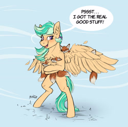 Size: 2867x2859 | Tagged: safe, artist:helmie-art, oc, oc only, oc:summer ray, fox, pegasus, pony, :p, bipedal, carrying, chest fluff, cute, dialogue, feather, fluffy, happy, high res, looking at you, pegasus oc, sketch, smiling, spread wings, tongue out, wings