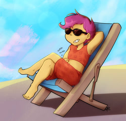 Size: 1024x980 | Tagged: safe, artist:midnightpremiere, scootaloo, equestria girls, g4, barefoot, beach chair, chair, clothes, crossed legs, feet, female, grin, midriff, scratching, shorts, sitting, smiling, solo, sports bra, sports shorts, sunglasses, swimming trunks, swimsuit