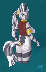 Size: 1807x2803 | Tagged: safe, alternate version, artist:firebird145, zecora, zebra, anthro, g4, clothes, colored, female, looking back, neck rings, signature, solo