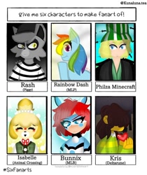 Size: 736x878 | Tagged: safe, artist:kunaluna.tea, rainbow dash, dog, pegasus, pony, anthro, g4, alix kubdel, animal crossing, anthro with ponies, bunnix, bust, crossover, deltarune, female, isabelle, mare, miraculous ladybug, roblox, six fanarts