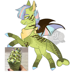 Size: 900x900 | Tagged: safe, artist:lavvythejackalope, oc, oc only, bat pony, pony, bat pony oc, colored hooves, ear piercing, earring, food, ice cream, jewelry, neckerchief, piercing, rearing, simple background, solo, transparent background