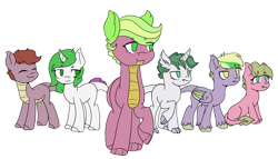 Size: 1280x733 | Tagged: safe, artist:angellight-bases, artist:firefox238, oc, oc only, oc:blazing muffin, oc:emerald, oc:flaming apple, oc:green apple, oc:rare fire, oc:sweet tooth, dracony, hybrid, base used, half-siblings, interdimensional siblings, interspecies offspring, offspring, parent:applejack, parent:derpy hooves, parent:pinkie pie, parent:rarity, parent:spike, parents:applespike, parents:derpyspike, parents:pinkiespike, parents:sparity, simple background, transparent background