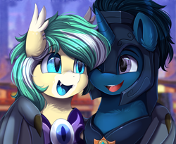 Size: 3215x2640 | Tagged: safe, artist:pridark, oc, oc only, oc:icy breeze, oc:slashing prices, bat pony, pony, unicorn, armor, badge, bat pony oc, bat wings, blue eyes, blue tongue, bust, commission, duo, ear fluff, ear piercing, earring, eye, eyebrows, eyes, fangs, female, helmet, high res, horn, jewelry, looking at each other, male, mare, one eye closed, open mouth, piercing, portrait, purple eyes, royal guard, royal guard armor, shipping, smiling, stallion, two toned mane, unicorn oc, wings, wink