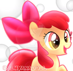 Size: 1280x1245 | Tagged: safe, artist:sylhyanadoll, apple bloom, earth pony, pony, g4, deviantart watermark, female, filly, obtrusive watermark, open mouth, open smile, redraw, smiling, solo, watermark