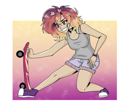 Size: 3977x3220 | Tagged: safe, artist:dreamy990, oc, oc only, oc:sunrise skies, human, converse, high res, humanized, shoes, skateboard, solo, sunglasses