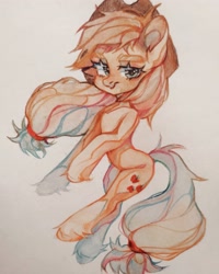 Size: 2065x2581 | Tagged: safe, artist:kencee6, applejack, earth pony, pony, applejack's hat, blurry, cowboy hat, eyebrows, female, hat, high res, mare, solo, traditional art, unshorn fetlocks, watercolor painting