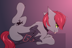 Size: 1800x1208 | Tagged: safe, artist:snowstormbat, oc, oc only, oc:swaybat, bat pony, pony, collar, female, gradient background, mare, raised leg, solo, tongue out