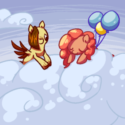 Size: 500x500 | Tagged: safe, artist:celadonlonghorn, pinkie pie, oc, oc:desert eagle, pony, ask desert eagle, g4, balloon, cloud, floating, party balloon, sleeping, then watch her balloons lift her up to the sky