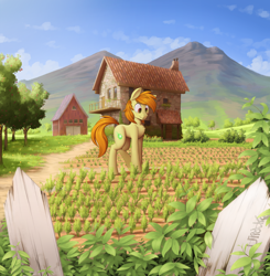 Size: 2500x2553 | Tagged: safe, artist:uliovka, oc, oc only, oc:beamshot, earth pony, pony, apple, apple tree, chest fluff, commission, farm, high res, male, picket fence, scenery, smiling, solo, stallion, tree