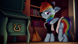 Size: 3840x2160 | Tagged: safe, artist:psfmer, rainbow dash, pegasus, pony, 3d, broom, butt, clothes, dress, frown, high res, looking back, looking back at you, lost bet, maid, maid headdress, plot, rainbow dash always dresses in style, rainbow dash is not amused, rainbow maid, rainbutt dash, revamped ponies, solo, source filmmaker, unamused, uniform