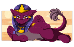 Size: 3318x2095 | Tagged: safe, artist:pridark, the sphinx, sphinx, g4, commission, desert, draw me like one of your french girls, egyptian, egyptian headdress, female, giantess, high res, jewelry, lidded eyes, looking at you, macro, pyramid, smiling, solo
