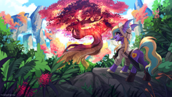 Size: 2500x1406 | Tagged: safe, artist:redchetgreen, oc, oc only, ambiguous species, pony, butt, clothes, mountain, open mouth, plot, rock, scenery, scenery porn, slender, solo, thin, tree of life, waterfall