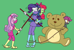 Size: 2164x1461 | Tagged: safe, artist:bugssonicx, apple bloom, rarity, scootaloo, sweetie belle, human, equestria girls, g4, alternate clothes, ambush, apple bloom's bow, bo staff, bow, brightly colored ninjas, chokehold, cutie mark crusaders, female, fight, hair bow, kunoichi, lasso, martial arts, mask, ninja, one eye closed, rear naked choke, rope, sandals, siblings, sisters, sleeper hold, teddy bear, weapon