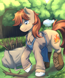 Size: 3934x4700 | Tagged: safe, artist:aquoquoo, oc, oc only, oc:cottonwood kindle, earth pony, pony, absurd resolution, apron, bag, boots, clothes, forest, male, scenery, shirt, shoes, solo, stallion, stick, tree