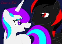 Size: 937x672 | Tagged: safe, artist:the-golden-gear, oc, oc:clair, oc:red, pegasus, pony, unicorn, dark blue background, eyeshadow, female, horn, looking at each other, makeup, male, mare, oc x oc, pegasus oc, red and black oc, shipping, unicorn oc