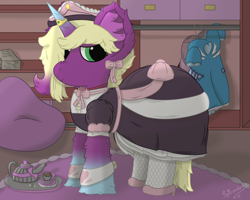 Size: 2500x2000 | Tagged: safe, artist:spiroudada, part of a set, oc, oc only, oc:velvet sky, pony, unicorn, series:velvet wardrobe reboot, bow, clothes, collar, crossdressing, cuffs (clothes), cup, dress, dressing, fishnet stockings, hair bow, high res, horn, horn jewelry, horn ring, jewelry, maid, male, part of a series, ring, shoes, socks, solo, stallion, story included, teacup, teapot, tray