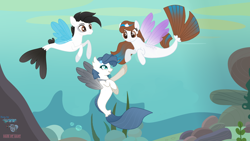Size: 3200x1800 | Tagged: safe, artist:starwolff-nyota, oc, oc only, alicorn, pegasus, pony, seapony (g4), blue eyes, brown eyes, bubble, crepuscular rays, dorsal fin, female, fin wings, fins, fish tail, flowing mane, flowing tail, horn, jewelry, looking at each other, male, necklace, ocean, rock, seaponified, seaweed, smiling, species swap, spread wings, sunlight, tail, underwater, water, wings