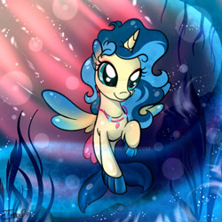Size: 400x400 | Tagged: safe, artist:mirry92, oc, oc only, oc:tina fountain heart, alicorn, seapony (g4), blue mane, bubble, crepuscular rays, dorsal fin, female, fin wings, fins, fish tail, flowing mane, flowing tail, green eyes, horn, jewelry, necklace, ocean, seaponified, seaweed, signature, smiling, solo, species swap, swimming, tail, underwater, water, wings