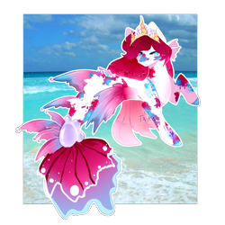 Size: 2372x2372 | Tagged: safe, artist:kikkapone, oc, oc only, merpony, seapony (g4), blue eyes, cloud, crown, dorsal fin, female, fins, fish tail, flowing mane, flowing tail, high res, jewelry, looking at you, ocean, one eye closed, photo, red mane, regalia, simple background, sky, solo, tail, transparent background, water, wink