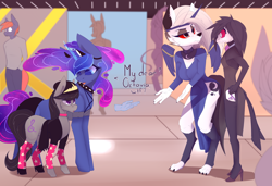 Size: 3800x2600 | Tagged: safe, artist:chapaevv, octavia melody, princess luna, alicorn, bird, demon, earth pony, hellhound, pony, anthro, digitigrade anthro, g4, anthro with ponies, bird demon, breasts, cleavage, clothes, clothes swap, convention, cosplay, costume, crossover, dialogue, female, furry, hand, hellaverse, hellborn, helluva boss, high heels, high res, indoors, loona (helluva boss), magic, magic hands, mare, name joke, name pun, namesake, octavia (helluva boss), pegasister, pentagram, princess loona, pun, semi-vulgar, shoes, side slit, teenager, total sideslit, visual pun