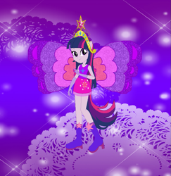 Size: 781x804 | Tagged: safe, artist:magical-mama, artist:selenaede, artist:user15432, twilight sparkle, alicorn, fairy, equestria girls, g4, base used, big crown thingy, boots, clothes, crossover, crown, cutie mark, cutie mark on clothes, dress, element of magic, fairy wings, fairyized, gloves, gradient background, high heel boots, high heels, jewelry, looking at you, magic winx, ponied up, purple background, purple dress, purple shoes, purple wings, regalia, shoes, simple background, solo, sparkly background, twilight sparkle (alicorn), wings, winx, winx club, winxified