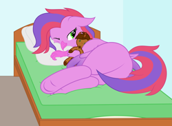 Size: 4677x3432 | Tagged: safe, artist:waveywaves, oc, oc only, oc:coppercore, oc:lilac, hippogriff, bed, butt, plot, plushie, simple background, solo