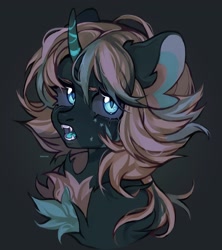 Size: 1819x2048 | Tagged: oc name needed, safe, artist:kencee6, oc, oc only, pony, unicorn, bust, chest fluff, commission, curved horn, ear fluff, fangs, female, fluffy, horn, mare, open mouth, solo