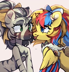 Size: 1962x2048 | Tagged: safe, artist:kencee6, oc, oc only, pegasus, pony, zebra, boop, bow, commission, female, hair bow, lesbian, mare, nose wrinkle, noseboop, oc x oc, shipping, tongue out