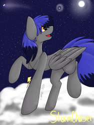 Size: 768x1024 | Tagged: safe, artist:nightdash20023, oc, oc only, oc:storm chaser, pegasus, pony, cloud, collar, looking up, male, moon, night, night sky, on a cloud, open mouth, pegasus oc, sky, solo