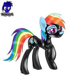 Size: 3840x3840 | Tagged: safe, artist:damlanil, rainbow dash, pegasus, pony, g4, bondage, bondage mask, bound wings, catsuit, clothes, collar, comic, cute, eyeshadow, female, gag, gimp suit, happy, high heels, high res, hood, latex, latex suit, looking at you, makeup, mare, muzzle gag, raised hoof, rubber, shine, shiny, shiny mane, shoes, simple background, solo, text, transparent background, vector, wings