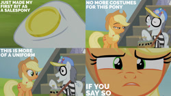 Size: 1280x720 | Tagged: safe, edit, edited screencap, editor:quoterific, screencap, applejack, royal riff, silver shill, earth pony, pony, g4, leap of faith, season 4, applejack's hat, bits, close-up, cowboy hat, eyes closed, female, hat, male, mare, open mouth, stallion